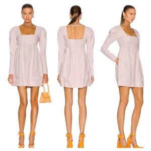 Ganni Long Sleeve Babydoll 100% Hemp Puff Sleeve Light Lilac Purple Mini Dress